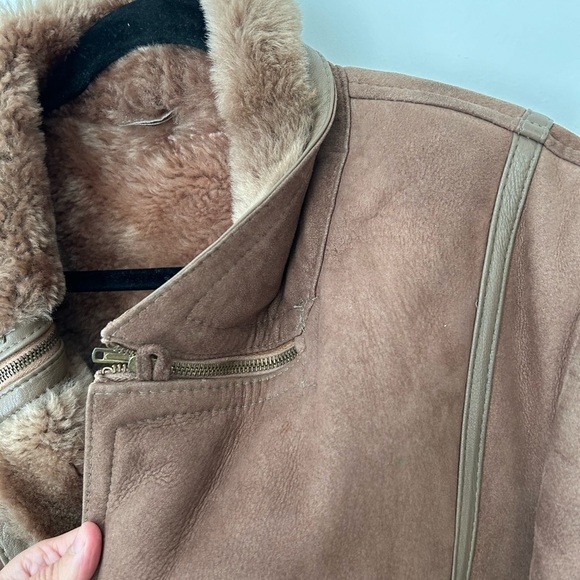 COPY - Vintage Sheepskin Coat W/ Leather Trim Tan inside shearling - Picture 9 of 13